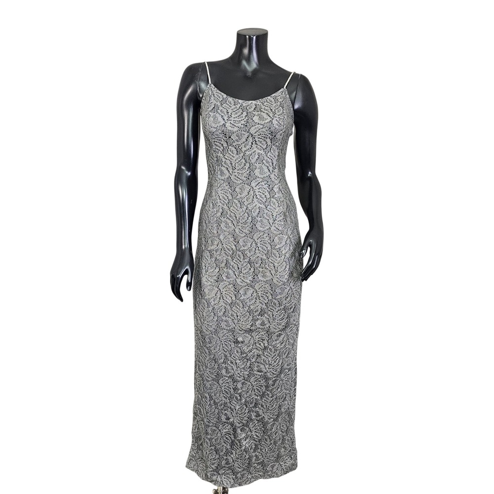 Vintage Cache Silver Metallic Crochet Lace‎ Rhinestone Strap Evening Gown Size 4